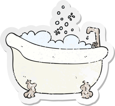 Bir insan tarafından çizilmiş suyla dolu bir karikatür küvetinin retro sıkıntılı etiketi.