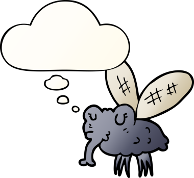 Bir insan tarafından çizilmiş, düşünce baloncuklu çizgi film sineği.