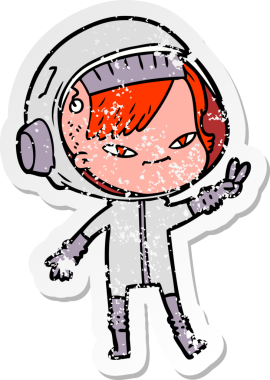 Bir insan tarafından çizilmiş karikatür astronot kadının sıkıntılı çıkartması.