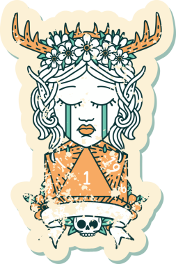 Retro Dövme Tarzı Üzgün Elf Karakteri Yüzü Doğal bir D20 ruloyla Bir insan tarafından çizilmiş