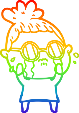 Gökkuşağı gradyan çizgi çizimi. Bir insan tarafından çizilmiş gözlük takan ağlayan bir kadın.