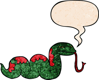 Bir insan tarafından çizilmiş eski dokuda konuşma baloncuğu olan sürüngen bir yılan.