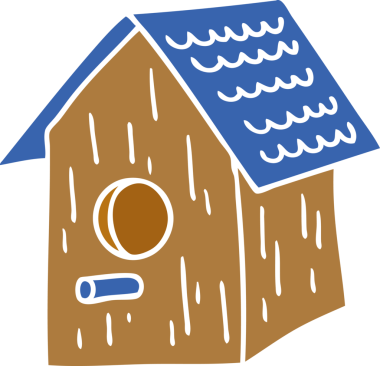 Bir insan tarafından çizilmiş ahşap bir kuş evinin el çizimi karikatürü.