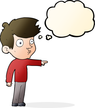 Bir insan tarafından çizilmiş düşünce kabarcığı olan çizgi film çocuğu.