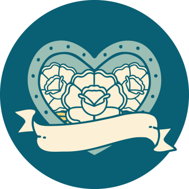 İkonik dövme stili bir kalp ve bir insan tarafından çizilmiş çiçekli pankart.