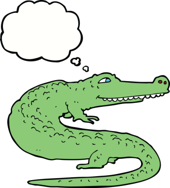 Bir insan tarafından çizilmiş düşünce baloncuklu timsah çizgi filmi.