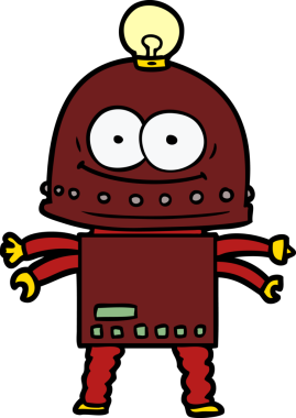 Bir insan tarafından çizilmiş ampullü mutlu karton robot.