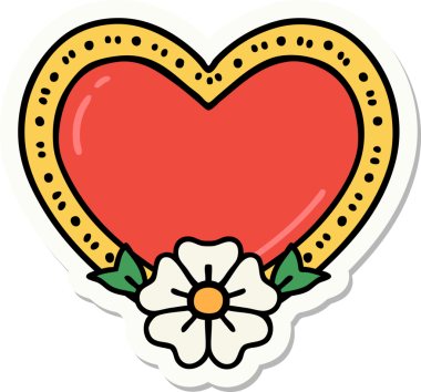 Bir insan tarafından çizilmiş geleneksel bir kalp ve çiçek stiliyle dövme çıkartması.