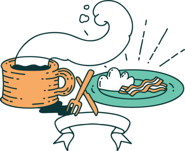 Dövme stili kahvaltı ve bir insan tarafından çizilmiş kahve afişi.