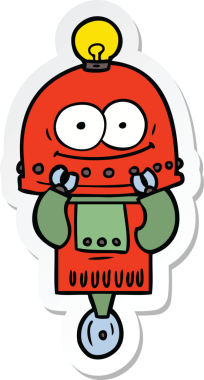 Bir insan tarafından çizilmiş mutlu bir karton robotun çıkartması.