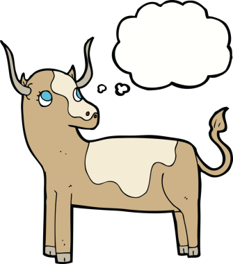 Bir insan tarafından çizilmiş düşünce balonlu çizgi film ineği.