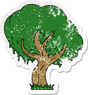 Bir insan tarafından çizilmiş yeşil bir ağacın çizilmiş, kederli çıkartması.