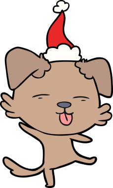 Bir insan tarafından çizilmiş Noel Baba şapkası giymiş dans eden bir köpeğin çizimi.