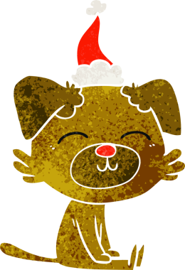 Bir insan tarafından çizilmiş Noel Baba şapkası takan bir köpeğin retro karikatürü.