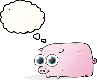 Bir insan tarafından çizilmiş büyük, güzel gözleri olan serbest çizilmiş düşünce balonu domuz yavrusu.