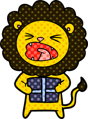 Bir insan tarafından çizilmiş noel hediyeli çizgi film aslanı.