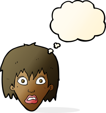 Bir insan tarafından çizilmiş düşünce baloncuğu olan korkmuş bir karikatür.