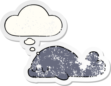 Düşünce baloncuklu şirin karikatür mührü bir insan tarafından çizilmiş yıpranmış bir çıkartma gibi.