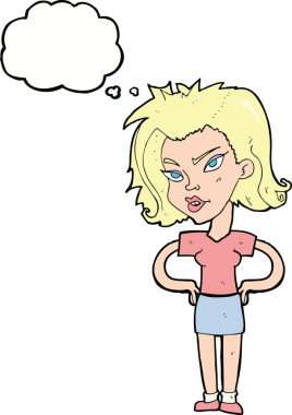 Bir insan tarafından çizilmiş düşünce baloncuğu olan elleri kalçasında çizgi film kadını.