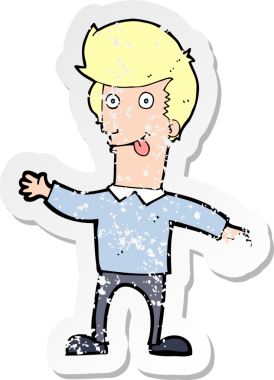 Bir insan tarafından çizilmiş dili dışarı çıkartılan bir karikatürcünün retro sıkıntılı çıkartması.