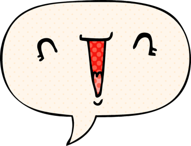 Bir insan tarafından çizilmiş çizgi roman tarzında konuşma baloncuğu olan şirin bir çizgi film yüzü.