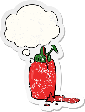 Düşünce baloncuklu ketçap şişesi insan tarafından çizilmiş yıpranmış bir çıkartma.