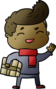 Bir insan tarafından çizilmiş paketle gülen çizgi film adamı.