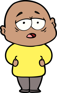 Bir insan tarafından çizilmiş yorgun, kel bir adam.