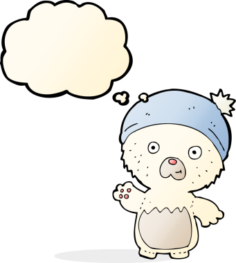 şapkalı şirin oyuncak ayı ve bir insan tarafından çizilmiş düşünce balonu.