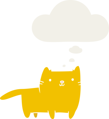 Düşünce baloncuğu olan çizgi film kedisi insan tarafından çizilmiş.