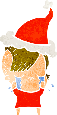 Bir insan tarafından çizilmiş Noel Baba şapkası giyen ağlayan bir kızın el çizimi karikatürü.