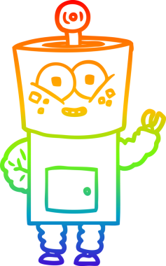 Gökkuşağı gradyan çizimi mutlu bir robot çizgi filmi. Bir insan tarafından çizilmiş merhaba.