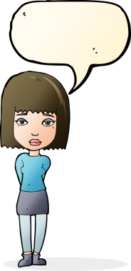 Bir insan tarafından çizilmiş konuşma balonu olan ciddi bir kız çizgi filmi.