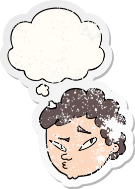 Düşünce baloncuğu olan kuşkulu bir çizgi film karakteri insan tarafından çizilmiş yıpranmış bir çıkartma.