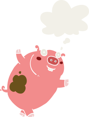 Bir insan tarafından çizilmiş düşünce baloncuklu komik çizgi film domuzu.