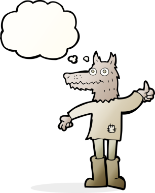 Bir insan tarafından çizilmiş düşünce balonlu bir kurt adam.