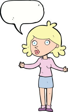 Bir insan tarafından çizilmiş konuşma balonu olan kafası karışık bir kadın çizgi filmi.