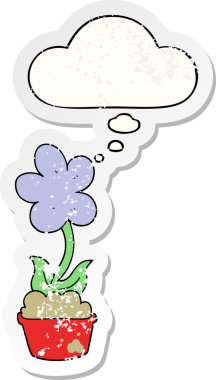 Düşünce baloncuğu olan sevimli bir karikatür çiçeği insan tarafından çizilmiş yıpranmış bir çıkartma gibi.