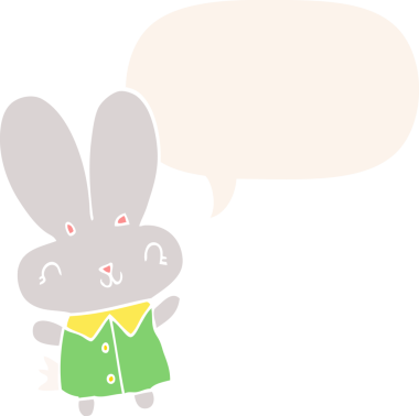 Sevimli çizgi film küçük tavşan konuşma baloncuğu ile retro tarzı bir insan tarafından çizilmiş