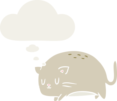 Bir insan tarafından çizilmiş düşünce baloncuğu olan sevimli çizgi film kedisi.