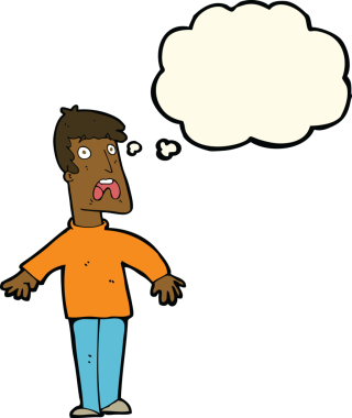 Bir insan tarafından çizilmiş düşünce baloncuğuyla dehşete düşmüş bir adam.