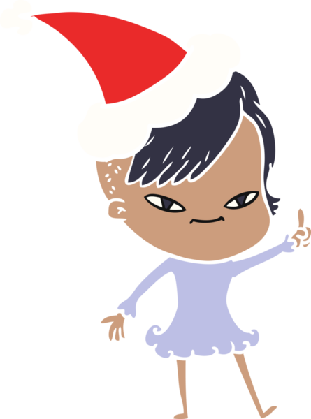 Sevimli el çizimi düz renk çizimi. Hipster saç kesimi olan bir kız. Noel Baba şapkası takıyor.