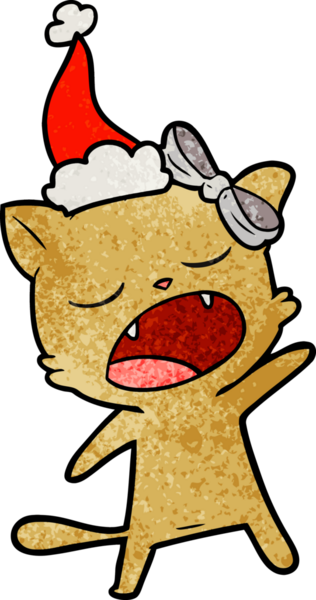 Bir insan tarafından çizilmiş, şarkı söyleyen, Noel Baba şapkası takan bir kedinin el çizimi.