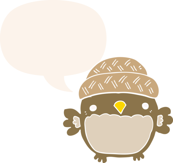 Bir insan tarafından çizilmiş konuşma baloncuğu ile şapkalı sevimli bir baykuş.