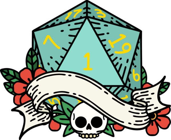 Retro Dövme Biçimi Doğal Bir d20 zar bir insan tarafından çizildi