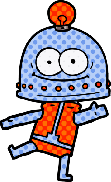 Bir insan tarafından çizilmiş ampullü mutlu karton robot.