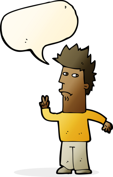 Bir insan tarafından çizilmiş konuşma balonuyla barış işareti yapan çizgi film adamı.