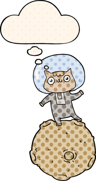 Çizgi roman tarzında bir insan tarafından çizilmiş düşünce balonu olan sevimli astronot kedisi.