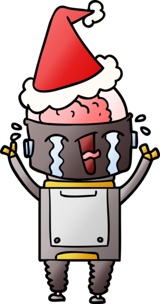 Bir insan tarafından çizilmiş Noel Baba şapkası giymiş ağlayan bir robot çizimi.