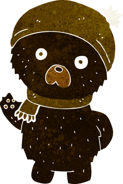 Bir insan tarafından çizilmiş, kışlık şapkalı ve atkılı şirin siyah ayı.